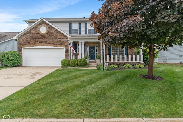 9756 Brook Meadow Dr, Mccordsville, IN 46055 - view of front of property featuring covered porch, a front lawn, concrete driveway, a garage, and brick siding
