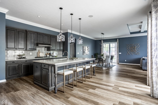15596 Edenvale Dr, Westfield, IN 46074 - kitchen featuring under cabinet range hood, stainless steel gas stovetop, light wood-style floors, a large island with sink, and crown molding