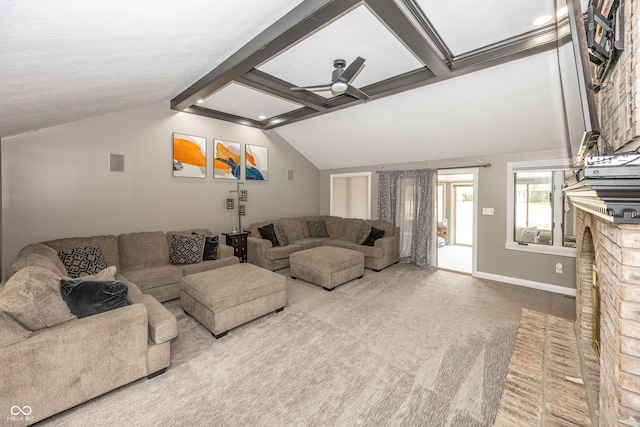 28 Patriot Ct, Greenfield, IN 46140 - carpeted living room featuring vaulted ceiling and ceiling fan