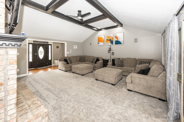 28 Patriot Ct, Greenfield, IN 46140 - living room with ceiling fan and lofted ceiling