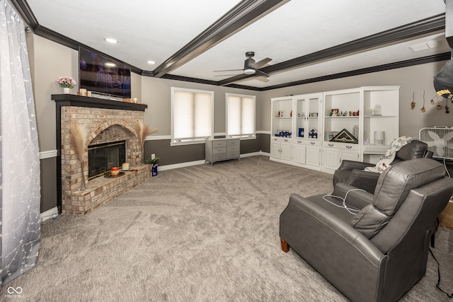 28 Patriot Ct, Greenfield, IN 46140 - living room with ceiling fan, ornamental molding, carpet flooring, a brick fireplace, and baseboards
