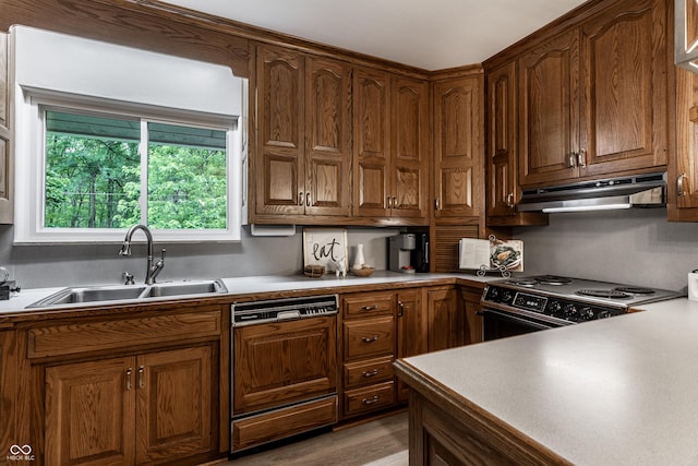 8905 Washington Blvd W Drive, Indianapolis, IN 46240 - kitchen with dishwasher, under cabinet range hood, black range with electric cooktop, a sink, and light countertops