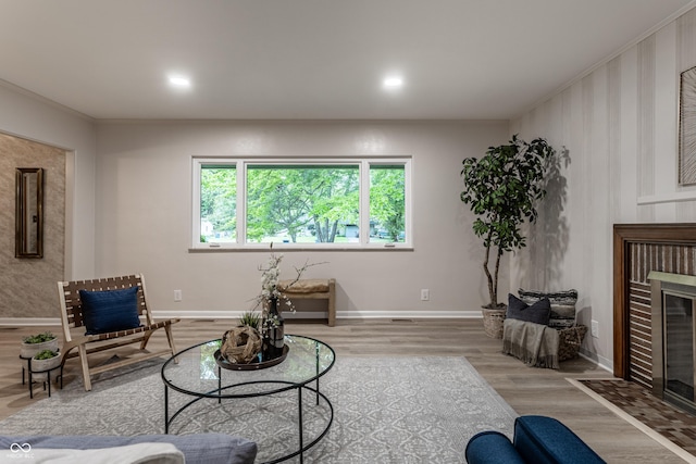 8905 Washington Blvd W Drive, Indianapolis, IN 46240 - living area with light wood-style floors, a fireplace with flush hearth, baseboards, and crown molding