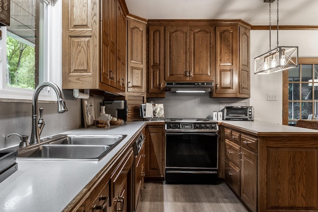 8905 Washington Blvd W Drive, Indianapolis, IN 46240 - kitchen with black / electric stove, under cabinet range hood, a sink, a peninsula, and light countertops