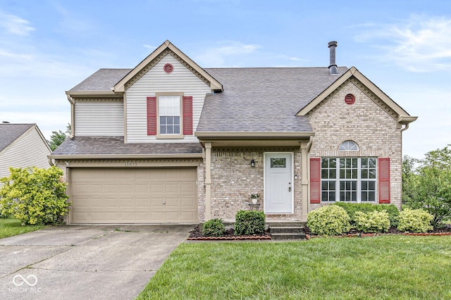 11072 Lake Run Dr, Fishers, IN 46038 - view of front facade with concrete driveway, a garage, roof with shingles, a front lawn, and brick siding