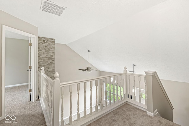 11072 Lake Run Dr, Fishers, IN 46038 - stairs with carpet floors, vaulted ceiling, and a ceiling fan