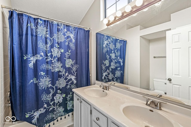 11072 Lake Run Dr, Fishers, IN 46038 - full bathroom featuring double vanity, a textured ceiling, and toilet