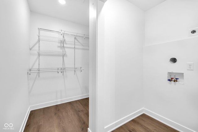1027 Hosbrook St, Indianapolis, IN 46203 - laundry area with hookup for an electric dryer, baseboards, wood finished floors, hookup for a washing machine, and recessed lighting
