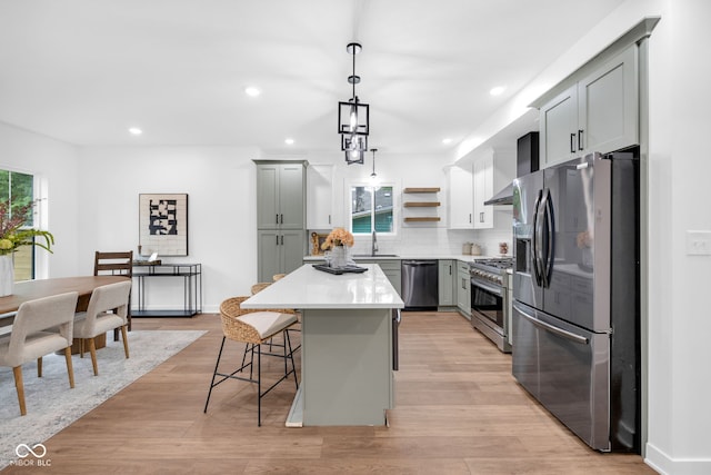1027 Hosbrook St, Indianapolis, IN 46203 - kitchen with stainless steel appliances, open shelves, a kitchen breakfast bar, tasteful backsplash, and a kitchen island