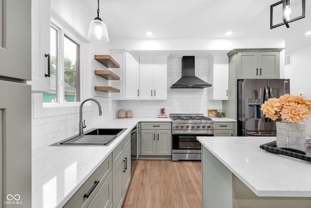 1027 Hosbrook St, Indianapolis, IN 46203 - kitchen with wall chimney range hood, appliances with stainless steel finishes, a sink, open shelves, and light stone counters