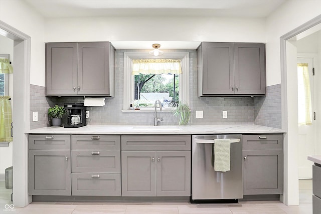 1725 W 53rd St, Indianapolis, IN 46228 - kitchen featuring dishwasher, gray cabinets, a sink, and tasteful backsplash