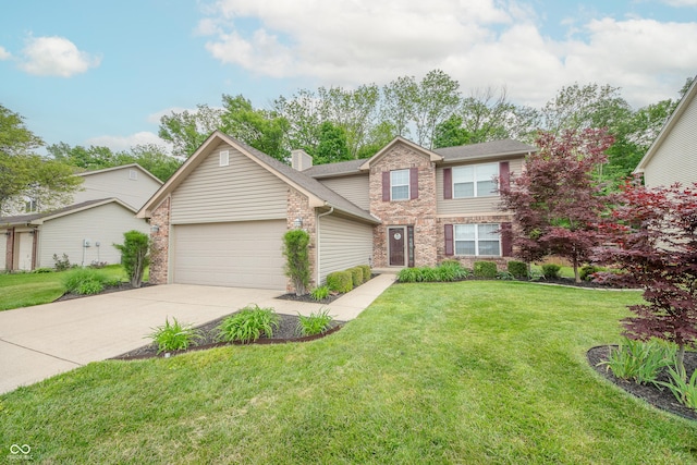 2875 Prairie Stream Way, Columbus, IN 47203 - traditional-style house with an attached garage, concrete driveway, a front yard, a chimney, and stone siding
