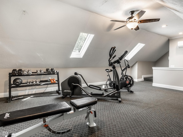 13069 Abraham Run, Carmel, IN 46033 - workout area with a skylight, baseboards, vaulted ceiling, a ceiling fan, and carpet floors