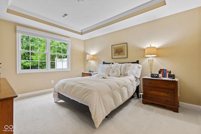 11510 Monon Farms Ln, Carmel, IN 46032 - bedroom with a tray ceiling, light colored carpet, ornamental molding, and baseboards