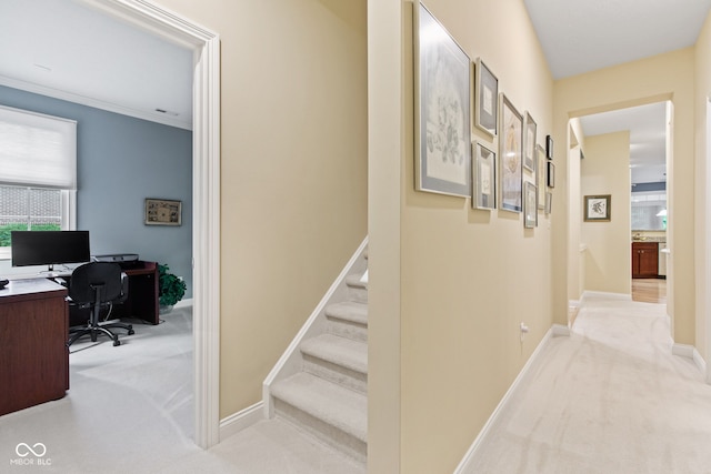 11510 Monon Farms Ln, Carmel, IN 46032 - hall featuring carpet, stairs, baseboards, and a desk