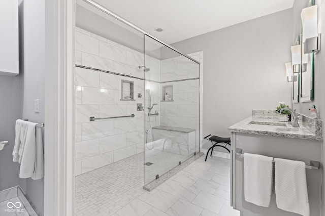 11510 Monon Farms Ln, Carmel, IN 46032 - bathroom featuring a shower stall, baseboards, vanity, and marble finish floors