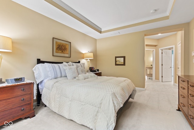 11510 Monon Farms Ln, Carmel, IN 46032 - bedroom featuring a raised ceiling, light colored carpet, ornamental molding, and baseboards