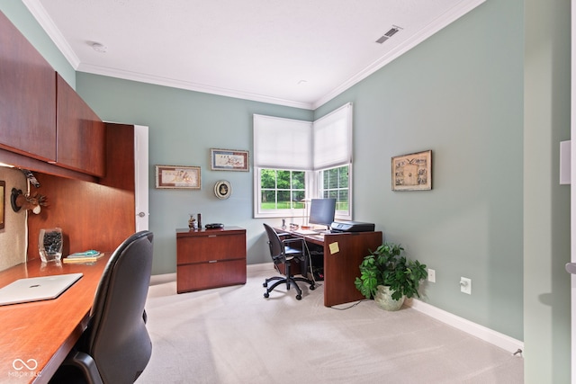 11510 Monon Farms Ln, Carmel, IN 46032 - home office with light carpet, baseboards, and crown molding
