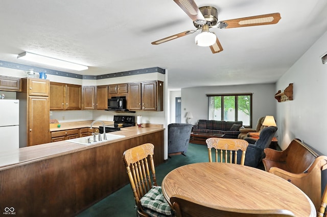 25420 Jerkwater Rd, Sheridan, IN 46069 - kitchen featuring black appliances, light countertops, a ceiling fan, carpet, and a peninsula