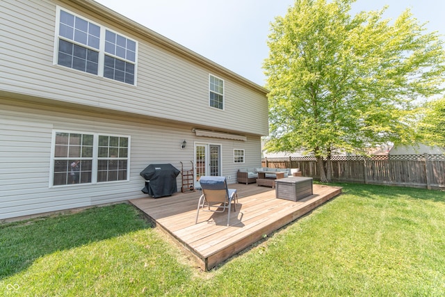 977 Canary Creek Dr, Franklin, IN 46131 - wooden deck with outdoor lounge area, a grill, and a fenced backyard