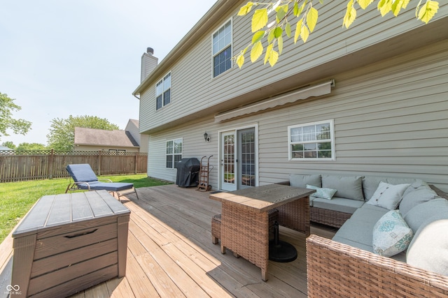 977 Canary Creek Dr, Franklin, IN 46131 - wooden deck with an outdoor hangout area, a fenced backyard, and a grill