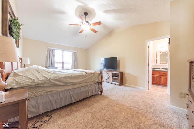 977 Canary Creek Dr, Franklin, IN 46131 - bedroom with light carpet, lofted ceiling, ensuite bathroom, and a ceiling fan