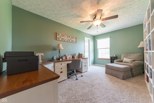 977 Canary Creek Dr, Franklin, IN 46131 - home office with a textured ceiling, carpet floors, and a ceiling fan