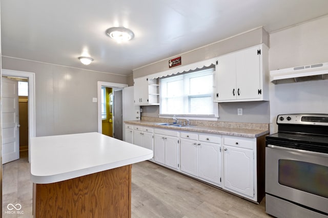 1021 W 37th St, Indianapolis, IN 46208 - kitchen featuring stainless steel range with electric stovetop, ventilation hood, open shelves, a sink, and plenty of natural light