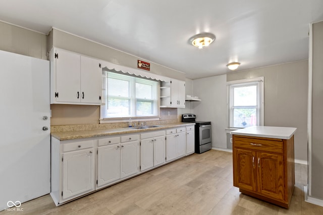 1021 W 37th St, Indianapolis, IN 46208 - kitchen with stainless steel range with electric cooktop, under cabinet range hood, white cabinetry, light countertops, and a sink