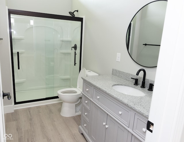 4625 W Naomi St, Indianapolis, IN 46241 - bathroom with wood finished floors, a stall shower, vanity, and toilet