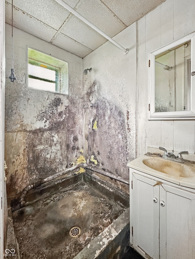 526 N Centennial St, Indianapolis, IN 46222 - bathroom with a shower, vanity, and a drop ceiling