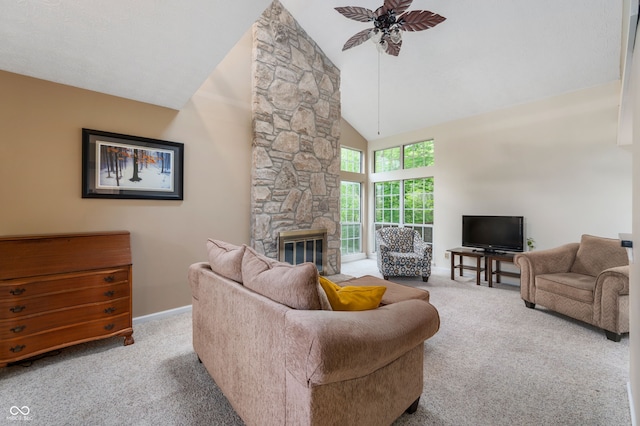 6263 Behner Way, Indianapolis, IN 46250 - living area with carpet flooring, high vaulted ceiling, ceiling fan, baseboards, and a stone fireplace