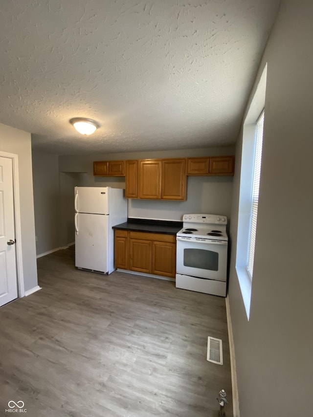 653 Birch Ave, Indianapolis, IN 46221 - kitchen featuring white appliances, light wood-style floors, dark countertops, a textured ceiling, and baseboards