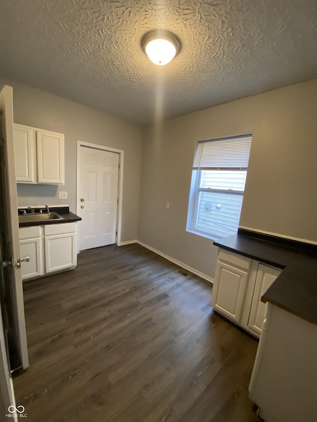 653 Birch Ave, Indianapolis, IN 46221 - unfurnished dining area with dark wood-style flooring, a textured ceiling, a sink, and baseboards