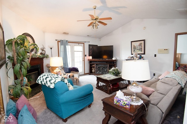 540 Cahill Ln, Indianapolis, IN 46214 - living area featuring a high end fireplace, a ceiling fan, lofted ceiling, and carpet flooring