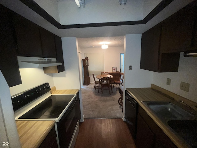 5711 Bradston Way, Indianapolis, IN 46237 - kitchen featuring electric range oven, dark cabinets, under cabinet range hood, a sink, and dishwasher