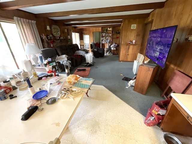 851 E Franklin St, Spencer, IN 47460 - living area with wooden walls, beam ceiling, and carpet