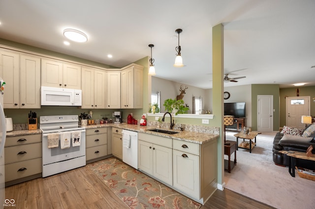 5576 W Glenview Dr, Mccordsville, IN 46055 - kitchen with white appliances, a sink, open floor plan, light wood-style flooring, and a ceiling fan