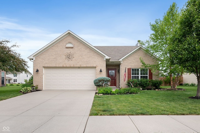 5576 W Glenview Dr, Mccordsville, IN 46055 - ranch-style house with a garage, driveway, brick siding, and a front lawn