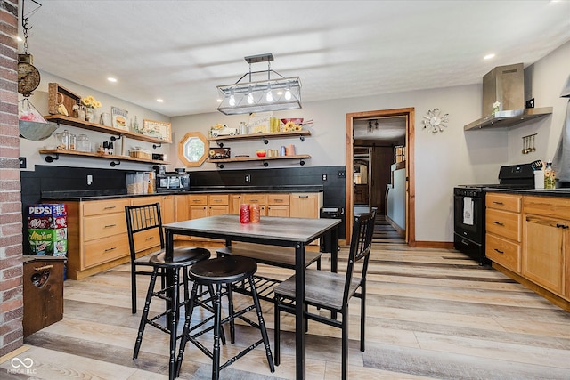 1254 N State Road 39, Frankfort, IN 46041 - kitchen featuring black appliances, open shelves, wall chimney range hood, dark countertops, and light wood-type flooring