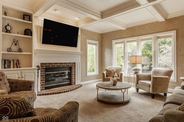 12539 Pebblepointe Pass, Carmel, IN 46033 - living room featuring coffered ceiling, crown molding, beamed ceiling, carpet, and a brick fireplace