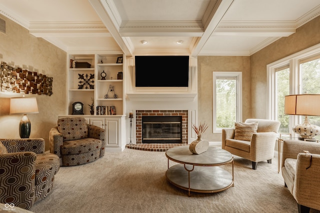 12539 Pebblepointe Pass, Carmel, IN 46033 - carpeted living area with ornamental molding, beam ceiling, coffered ceiling, and a brick fireplace