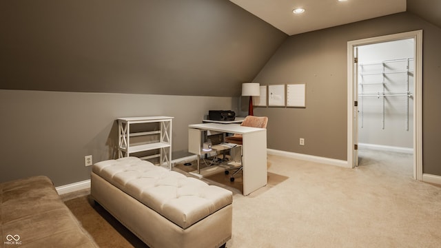 12539 Pebblepointe Pass, Carmel, IN 46033 - office area with lofted ceiling, light carpet, baseboards, and recessed lighting