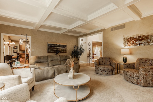 12539 Pebblepointe Pass, Carmel, IN 46033 - carpeted living room featuring a chandelier, beamed ceiling, crown molding, coffered ceiling, and baseboards
