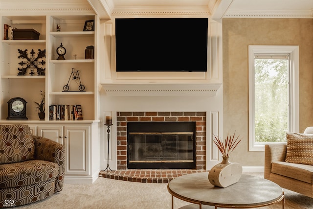 12539 Pebblepointe Pass, Carmel, IN 46033 - carpeted living room featuring crown molding and a brick fireplace