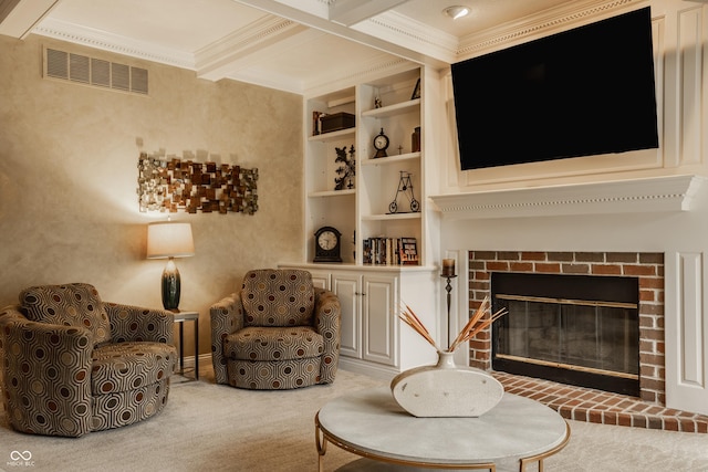 12539 Pebblepointe Pass, Carmel, IN 46033 - sitting room with ornamental molding, beam ceiling, carpet, and a brick fireplace