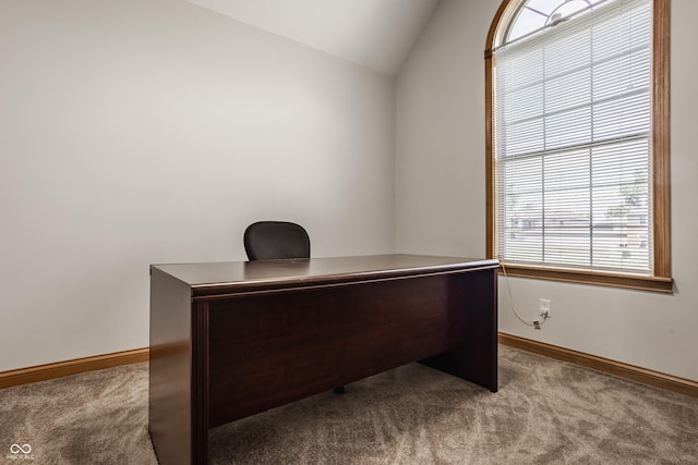719 E New Rd, Greenfield, IN 46140 - unfurnished office featuring carpet, lofted ceiling, and baseboards