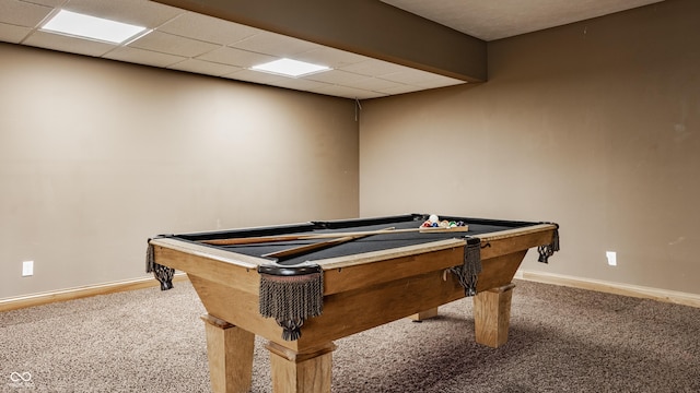 719 E New Rd, Greenfield, IN 46140 - playroom with carpet floors, billiards table, baseboards, and a drop ceiling