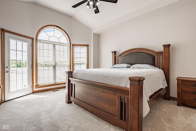 719 E New Rd, Greenfield, IN 46140 - bedroom featuring light carpet, lofted ceiling, access to exterior, and a ceiling fan