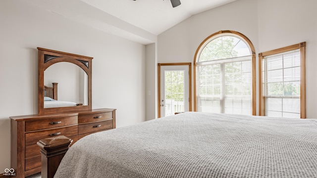 719 E New Rd, Greenfield, IN 46140 - bedroom featuring vaulted ceiling, ceiling fan, and access to exterior